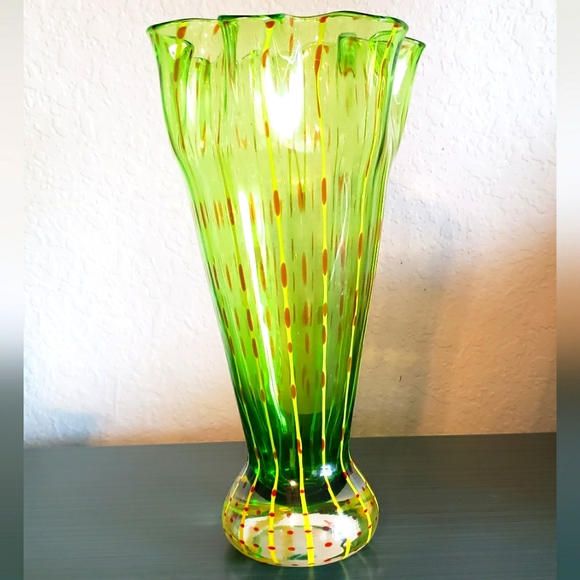 Handblown Art Glass Vintage Retro Green w/Yellow Stripes & Red Dots Groovy Vase - Picture 3 of 9